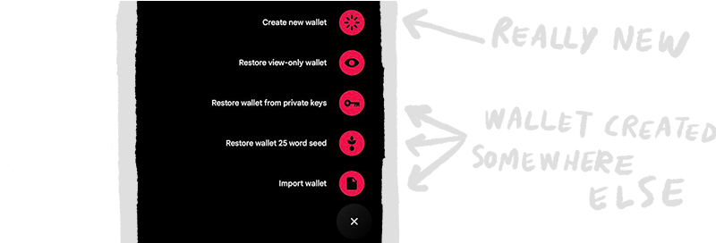 Icons for creating a wallet