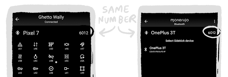 Sidekick and Monerujo phones showing the same PIN